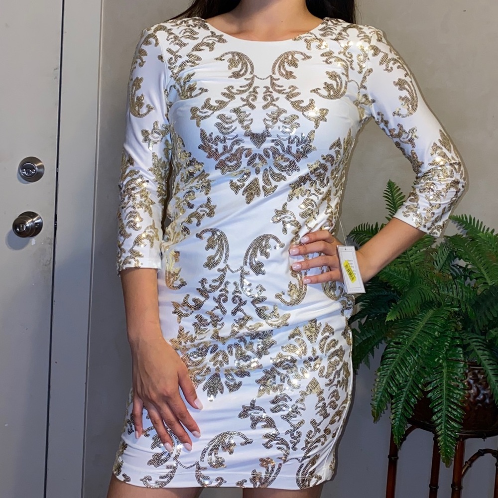White Bodycon Dress with Gold Sequins